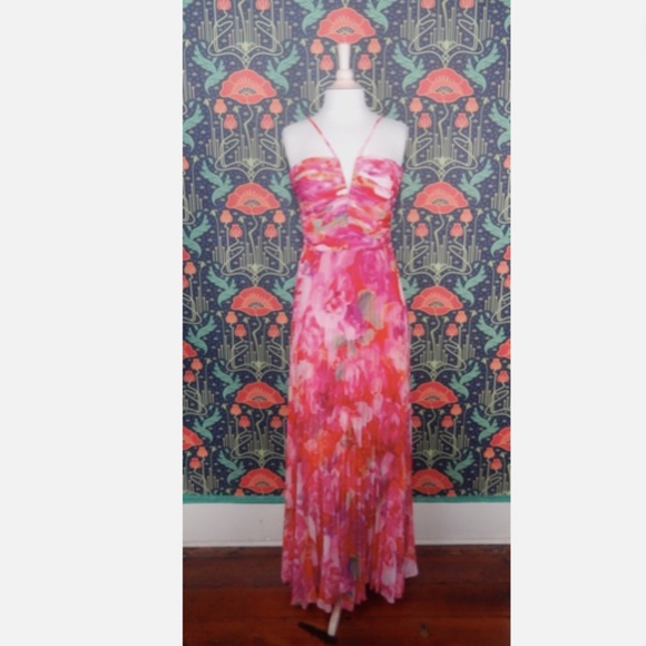 Xscape Pink Accordion Pleated Floral Colorful Evening Gown Formal Dress Nwt - Picture 3 of 7